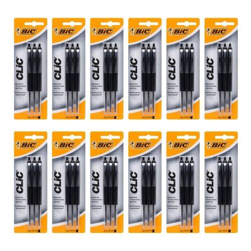 12x 3pc BIC Clic Retractable Ballpoint Pen Writing Ballpen Black Stationery