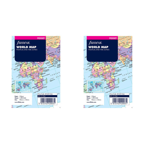 2x Filofax 12cm Pocket Travel World Map Political/Time Zone
