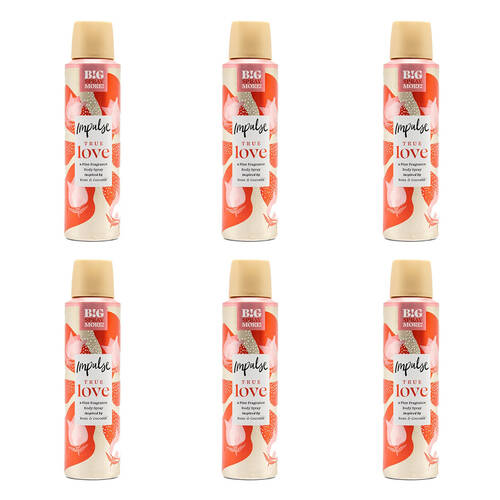 6PK Impulse True Love Inspired By Rose & Coconut Body Spray 150ml