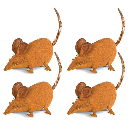 4x Garden Rust Metal 11cm Farmers Mice Ornament Decor - Small