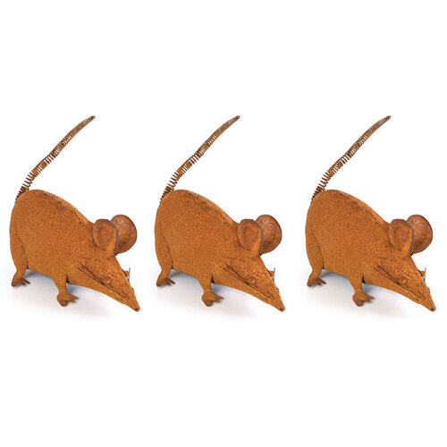 3x Garden Rust Metal 15cm Farmers Mice Ornament Decor - Medium