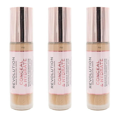 3PK Revolution Conceal & Glow Liquid Foundation 23ml Makeup Cosmetics F10