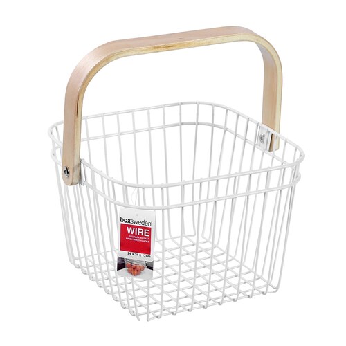 Boxsweden 24cm Wire Storage Basket w/ Birchwood Handle White