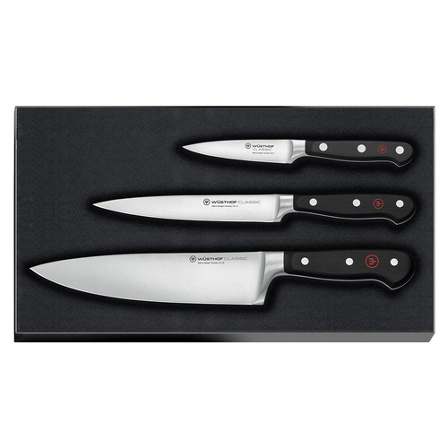 3pc Wusthof Classic Steel Paring/Utility/Chef's Knife Set - Black