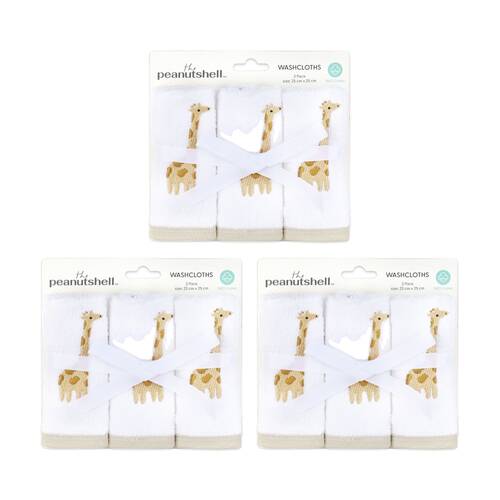 3x 3Pc The Peanutshell Safari Dreams Giraffe Childrens Washcloths 100% Cotton