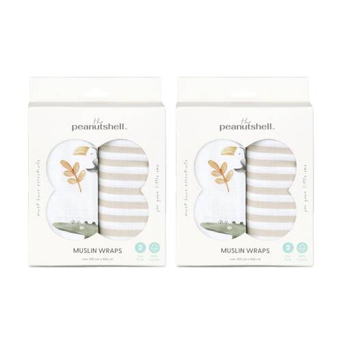 2x 2pc The Peanutshell Safari Dreams Baby Muslin Wraps 100% Cotton White/Beige