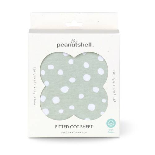 The Peanutshell 100% Jersey Cotton Green Polka Dot Cot Fitted Sheet 77x135cm