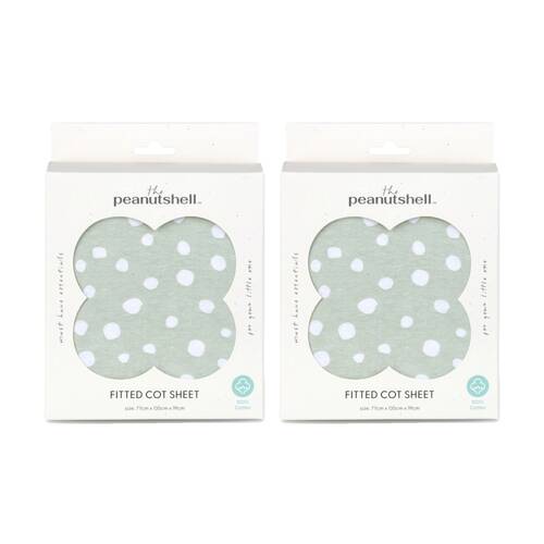 2PK The Peanutshell 100% Jersey Cotton Green Polka Dot Cot Fitted Sheet 77x135cm