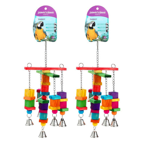 2PK Paws And Claws  Parrot Large Wood + Rope Toy W/ Bell 35X15Cm 