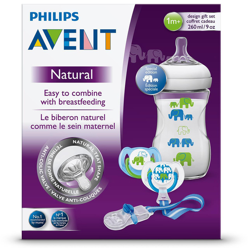 Philips Avent Natural Elephant Deco Boy Gift Set Baby Bottle 260ml 1m+