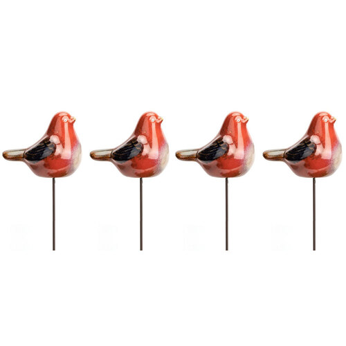 4x Garden Ceramic 11.5cm Birds on Stick Outdoor Decor - Red