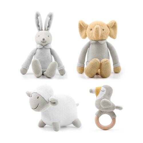 4pc The Peanutshell Plush Animal Toys and Bamboo Rattle Ring Bundle Grey