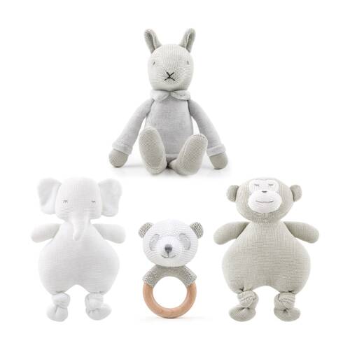 4pc The Peanutshell Plush Animal Toys and Bamboo Rattle Ring Bundle Grey