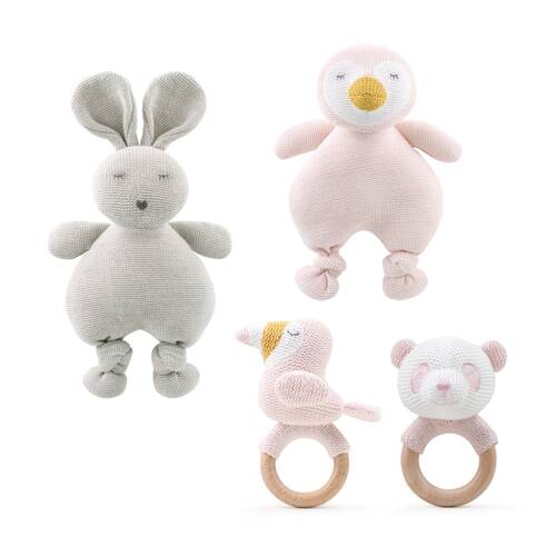 8pc The Peanutshell Side Sleeper Baby Boy Bedding Bundle & Plush Toys Grey/Pink