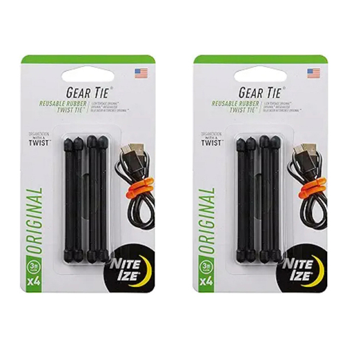 2x 4pc Nite Ize 3in Rubber Gear Tie Reusable Twist Organiser - Black