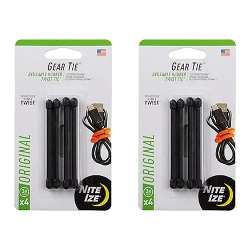 2x 4pc Nite Ize 3in Rubber Gear Tie Reusable Twist Organiser - Black