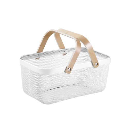 Boxsweden Mesh Storage Basket 40X25X17cm w/Birch Wood Handle White