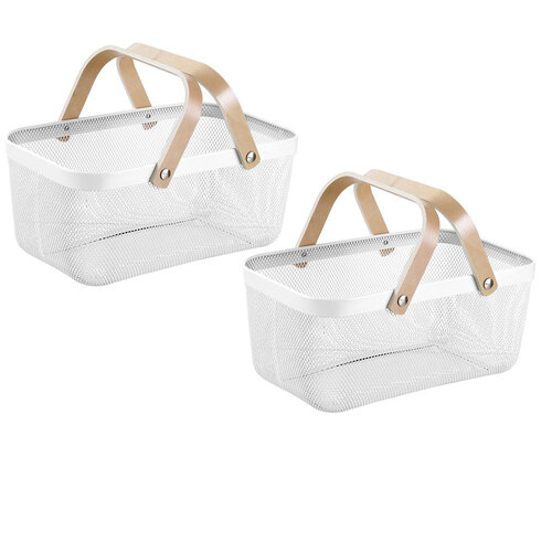 2PK Boxsweden Mesh Storage Basket 40X25X17cm w/Birch Wood Handle White