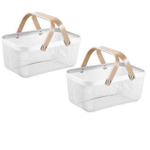 2PK Box Sweden Mesh Storage Basket 40X25X17cm w/Birch Wood Handle White