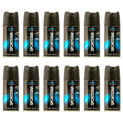 12PK Sportstar Men's Deodorant Body Spray Ice Blue Scent 150ml Odour Protection