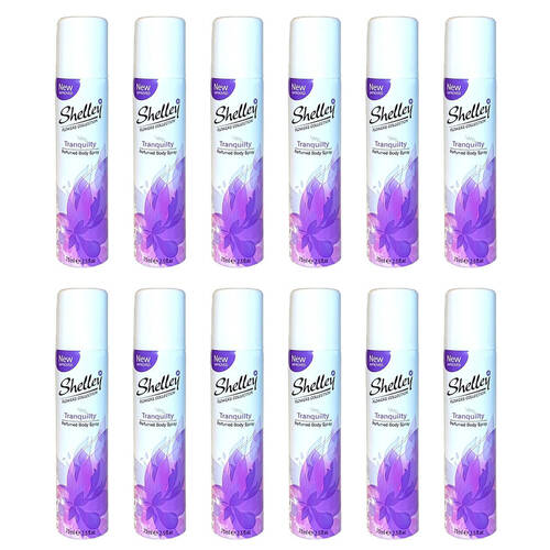 12PK Shelley Deodorant Body Spray Tranquility 75ml All-Day Odour Control