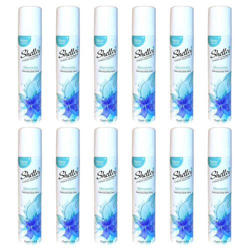 12PK Shelley Deodorant Body Spray Memories 75ml All-Day Odour Control