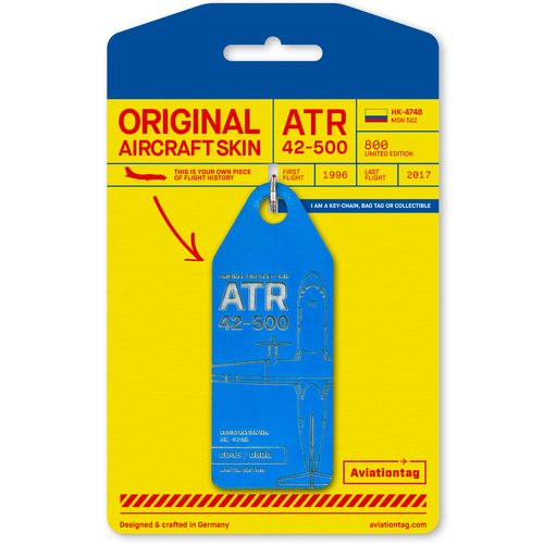 Aviationtag ATR 42 Keychain Tag 14.5cm Keyring Aircraft Skin Satena Blue