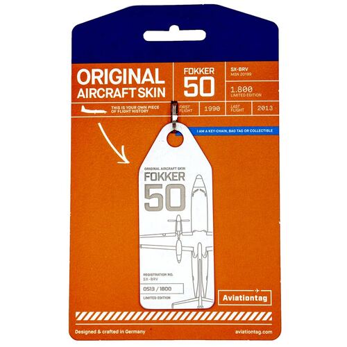 Aviationtag Fokker 50 SAS Keychain 14.5cm Tag White