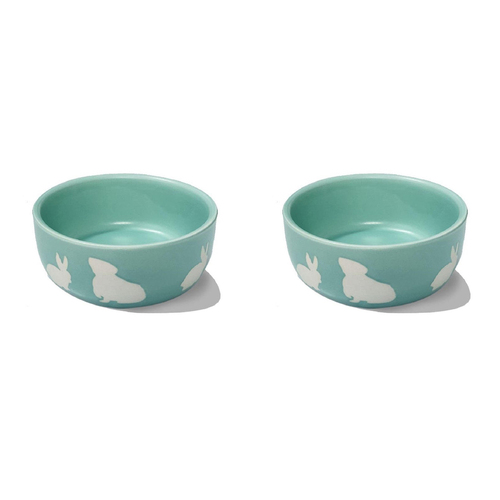 2PK Nature Island Ceramic 11.5cm Print Rabbit & Guinea Pig Feeding Pet Bowl Green
