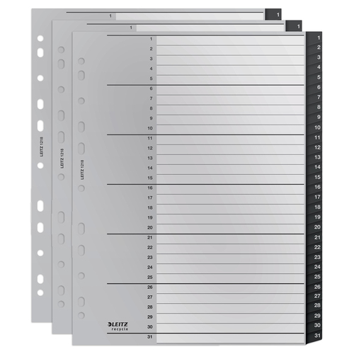3PK Leitz PP Recycle Indices & Dividers 1-31 Tab A4 File Organiser - Black