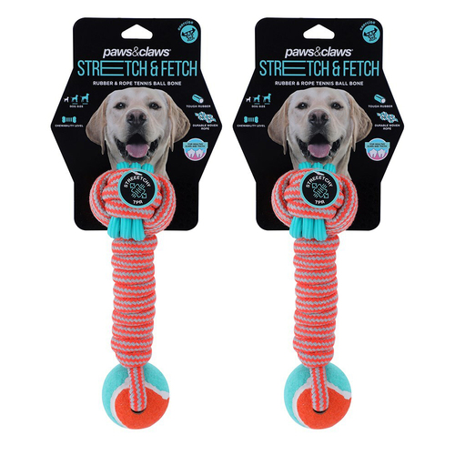 2PK Paws & Claws Dog Toy 25cm Stretch & Fetch TPR Braided Rope Bone w/ Ball