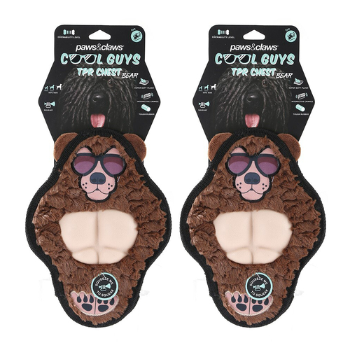 2PK Paws & Claws 27cm Cool Guy Grizzly Bear TPR Chest Flat Plush Pet/Dog Toy