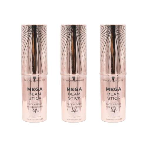 3PK Revolution Glow 18g Highlighter Face & Body Mega Beam Stick Gold Makeup