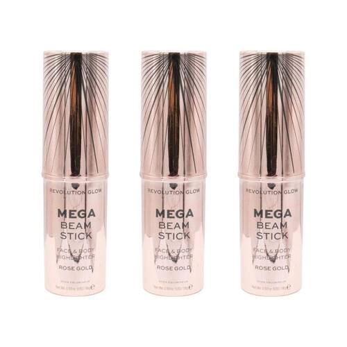 3PK Revolution Glow 18g Highlighter Face & Body Mega Beam Stick Rose Gold Makeup