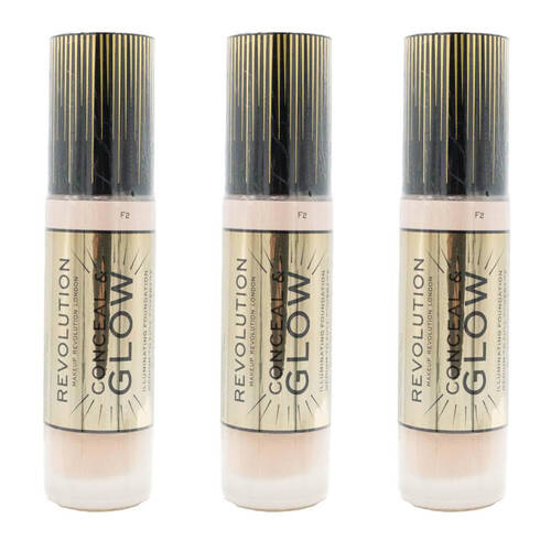 3PK Revolution Conceal & Glow Illuminating Liquid Foundation 23ml Makeup F2
