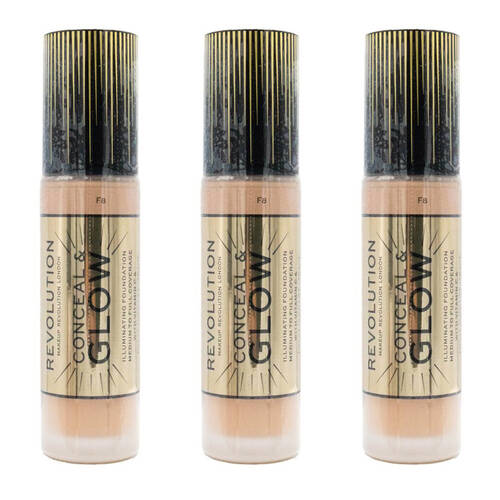 3PK Revolution Conceal & Glow Liquid Foundation 23ml Makeup Cosmetics F8
