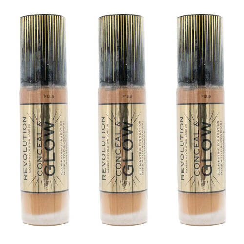 3PK Revolution Conceal & Glow Liquid Foundation 23ml Makeup Cosmetics F12.5