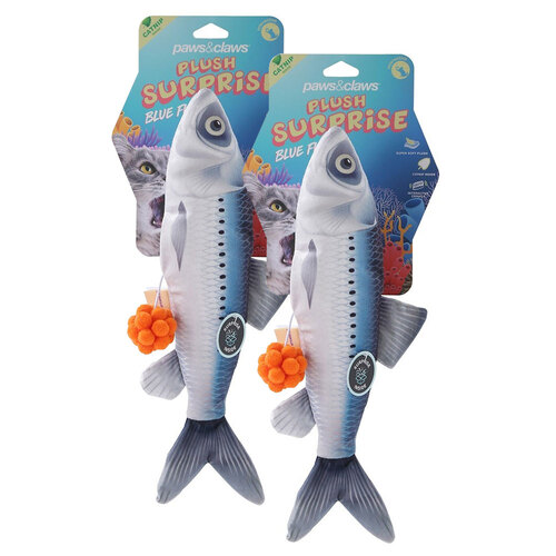 2PK Paws & Claws Pet/Cat 30cm Plush Fish Surprise Toy - Blue