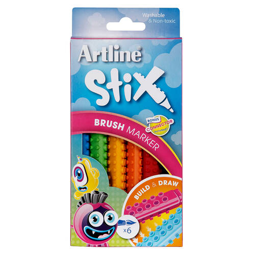 6PK Artline Stix Colour Brush Markers 