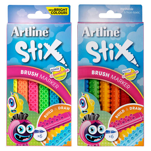 6pc Artline Stix Neon Brush Markers & 6pc Colour Brush Markers Combo