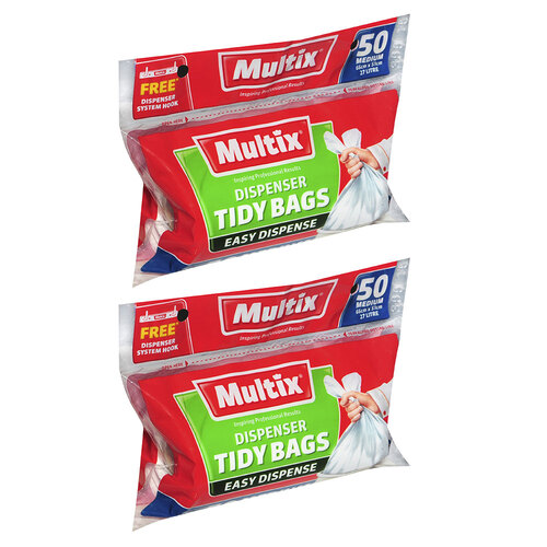 2x 50pc Multix Dispenser Tidy Bags Medium 27 Litre 66 x 51cm w/ System Hook