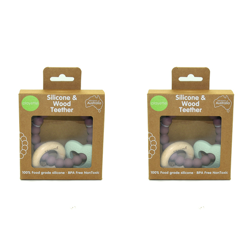 2PK Playette Silicone And Wood Baby/Infant Heart Teether Mint 4m+