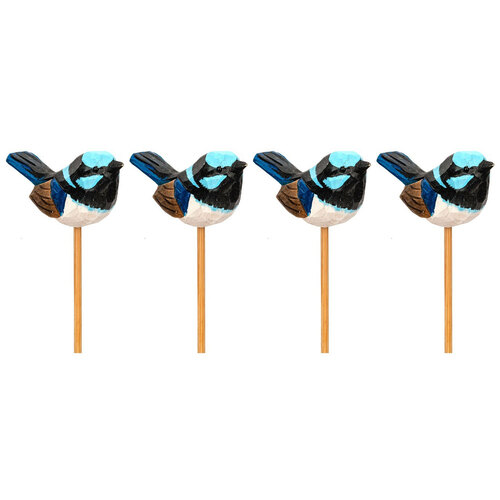 4x Wren Timber on Stick 6.6cm Blue Ornament Garden Decor
