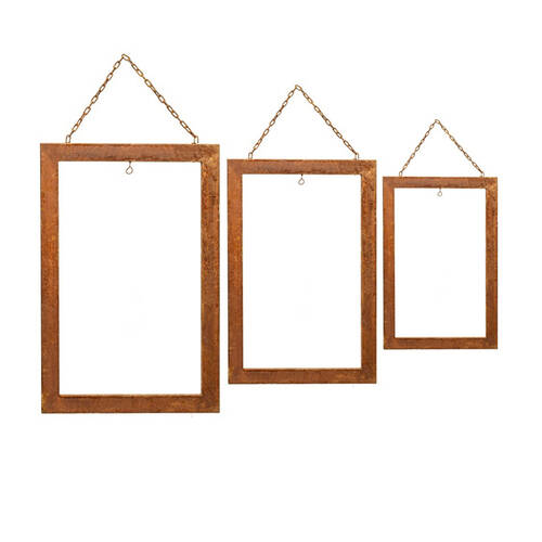 3pc 40/60/90cm Rust Metal Hanging Rectangle Frame Set w/Hook Home/Garden Decor
