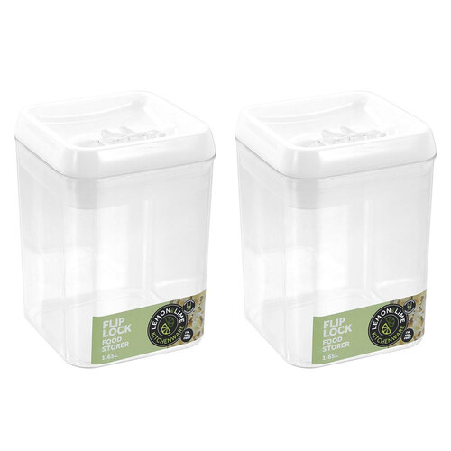 2PK Lemon & Lime Flip Lock 1.65L/17.5cm Food Storer Square Container Clear