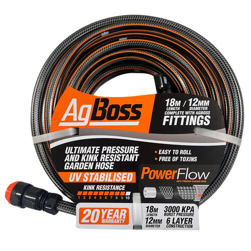 AgBoss Premium Kink Resistant Gardening Fitted Hose 12mmx18m