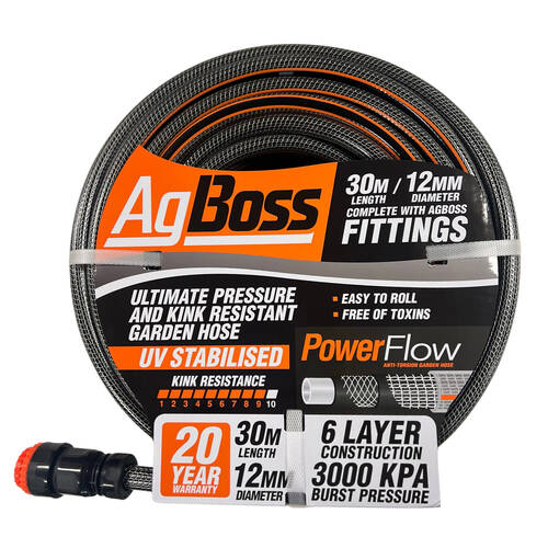 AgBoss Premium Kink Resistant Gardening Fitted Hose 12mmx30m