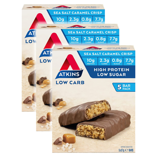 3 x 5pc Atkins 37g Sea Salt Caramel Crisp Low Carb High Protein Bars