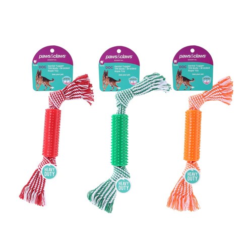3PK Paws & Claws Dental Tugger Dog/Pet Toy TPR Body + Braided Rope Assorted 32cm