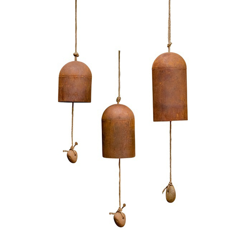 3pc Flat Bottom 12/16/20cm Bells Rust Metal Hanging Decor - Brown
